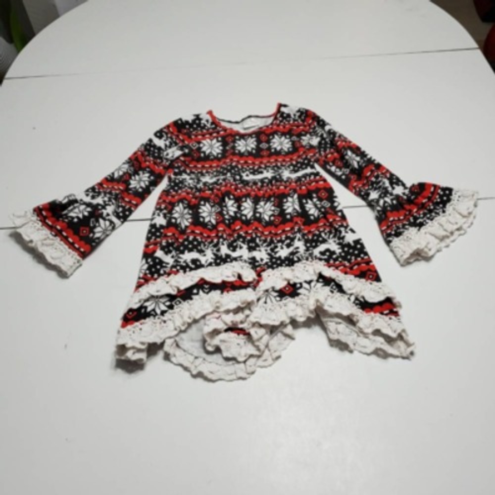 Girls A-Line Top Black Red Nordic Fair Isle Scoop Crochet Ruffle Stretch XXL